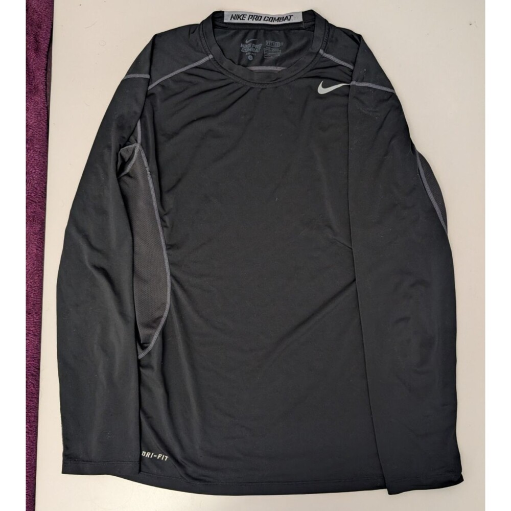 Nike Pro Combat Fitted Long Sleeve Shirt Mens L Black Dri Fit Gym 445828-012